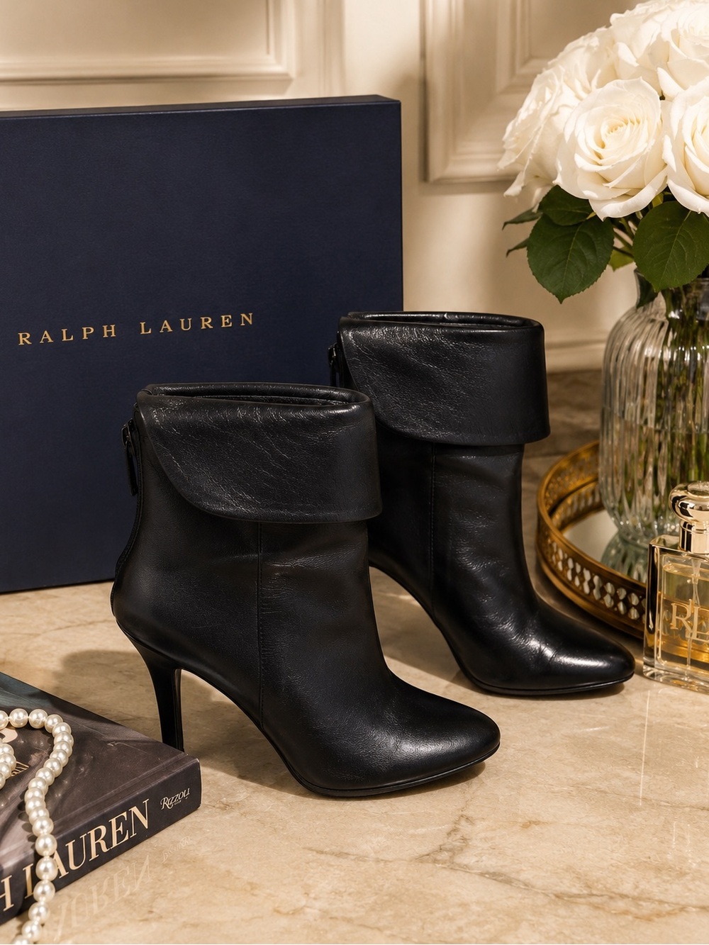 Ralph Lauren Black Leather Leola Fold-Over High Heel Boots‎ Size 7.5 booties